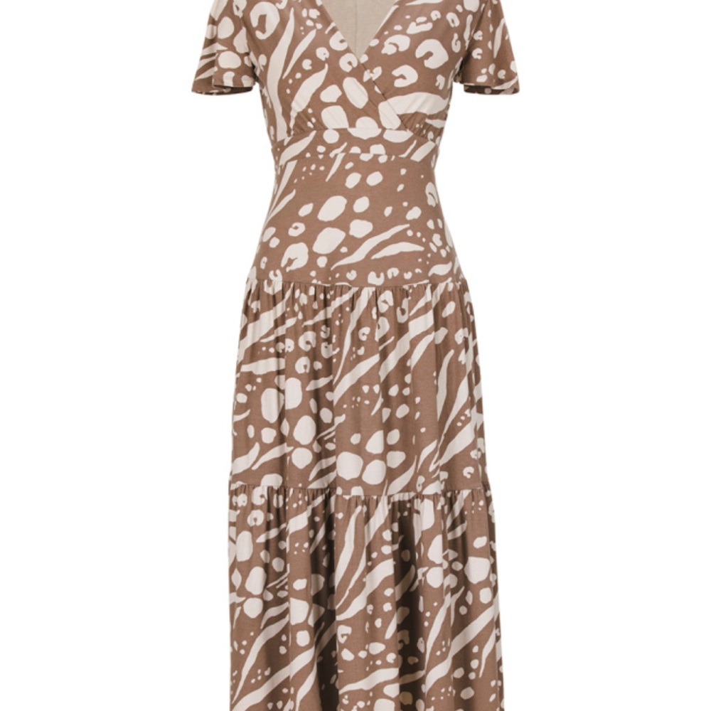 CAbi Swoon Dress Brown and White Ruched Midi